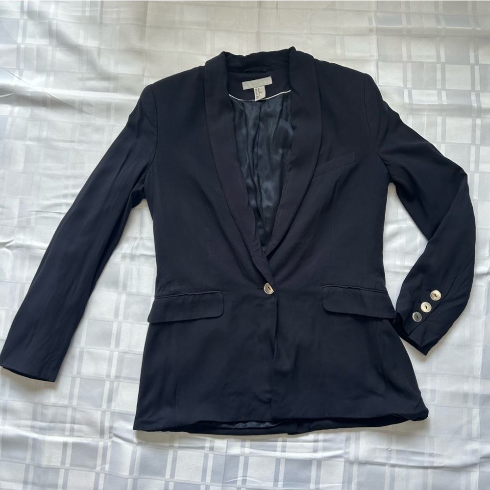 H&M Navy Blue Single Breast Viscose Blend Blazer Jacket